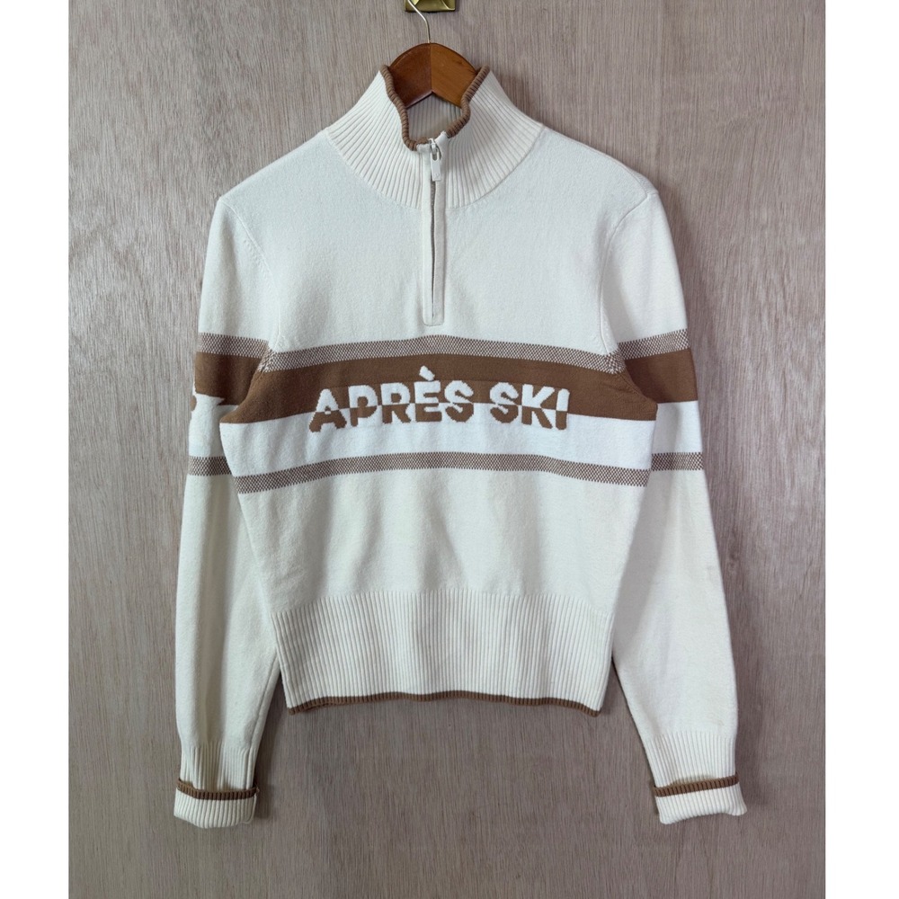 Victoria Secret PINK Apres Ski Sweater Cream Brown Quarter Zip Mock Neck Large
